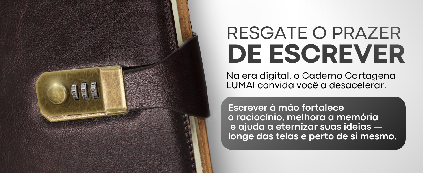 Banner horizontal do Caderno com Cadeado Cartagena LUMAI preto com a frase Resgate o Prazer de Escrever e texto sobre os benefícios de escrever à mão
