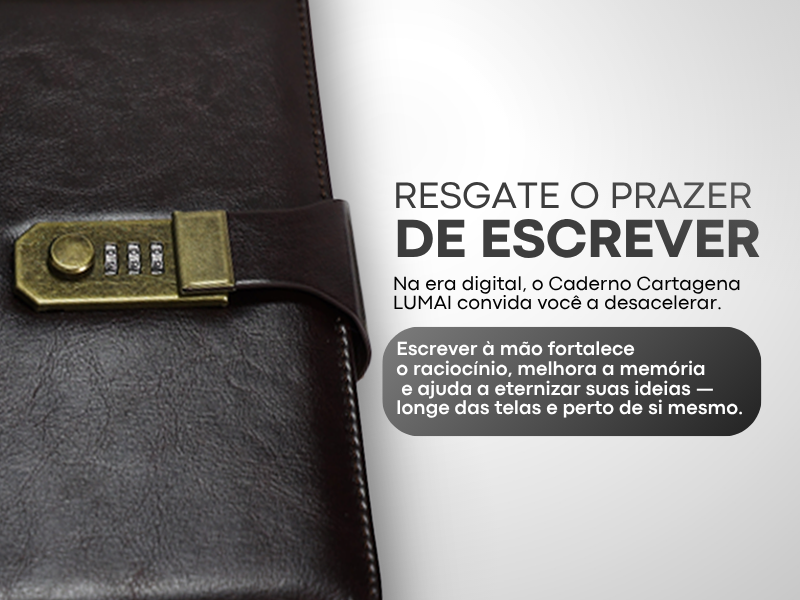 Banner quadrado do Caderno com Cadeado Cartagena LUMAI preto com a frase Resgate o Prazer de Escrever e texto sobre os benefícios de escrever à mão