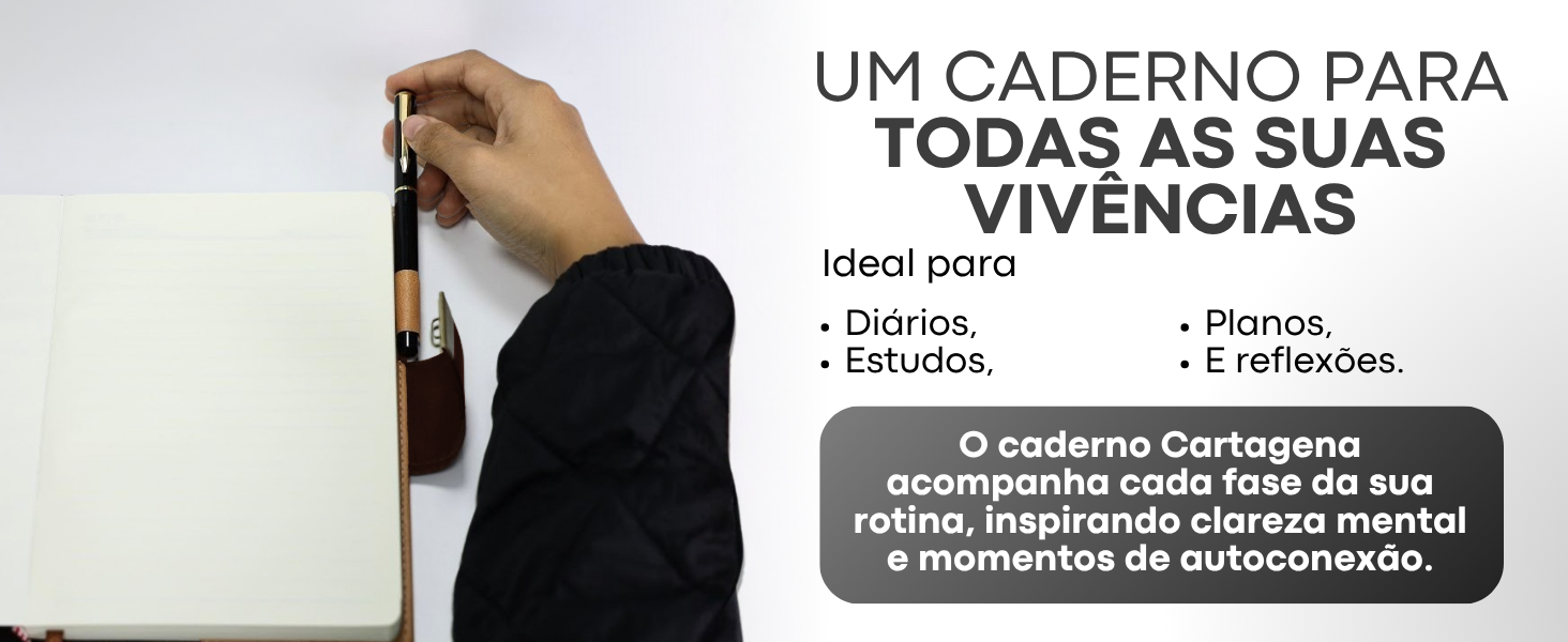 Banner horizontal do Caderno Cartagena LUMAI preto com a frase Um Caderno Para Todas as Suas Vivências, ideal para diários, estudos, planos e reflexões