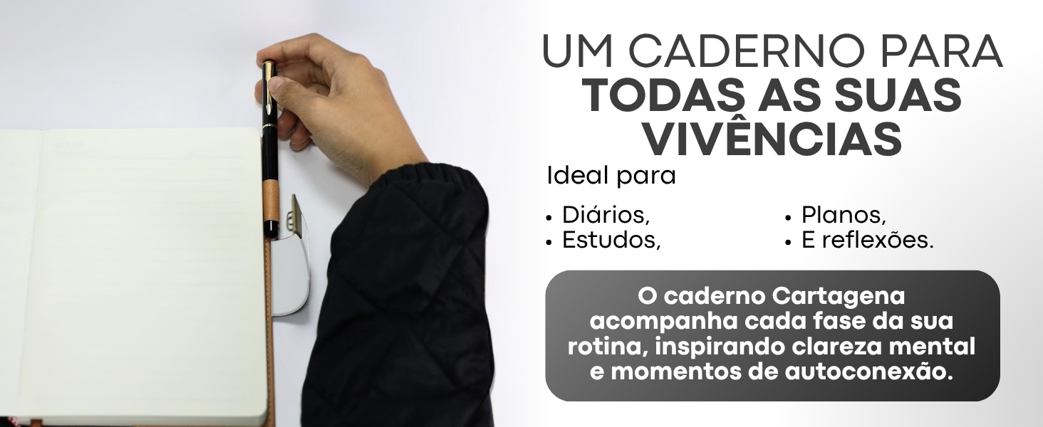 Banner horizontal do Caderno Cartagena Lumai com mão segurando o caderno e caneta, texto: Um Caderno para Todas as Suas Vivências — ideal para diários, estudos, planos e reflexões, clareza mental e autoconexão.