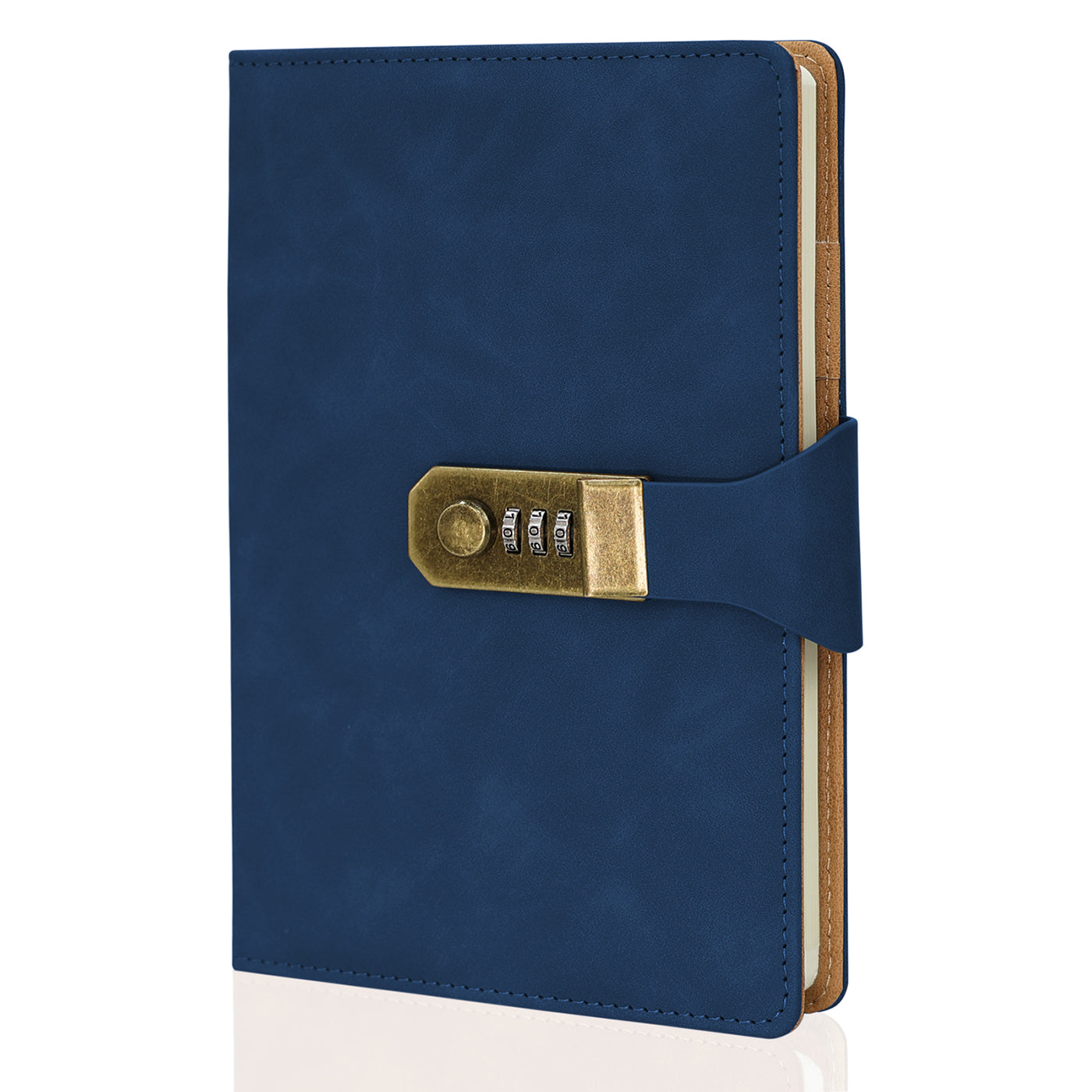Caderno diário de capa em couro azul marinho com fechamento por cadeado de combinação dourado, fotografado fechado sobre fundo branco. Vista frontal do produto.