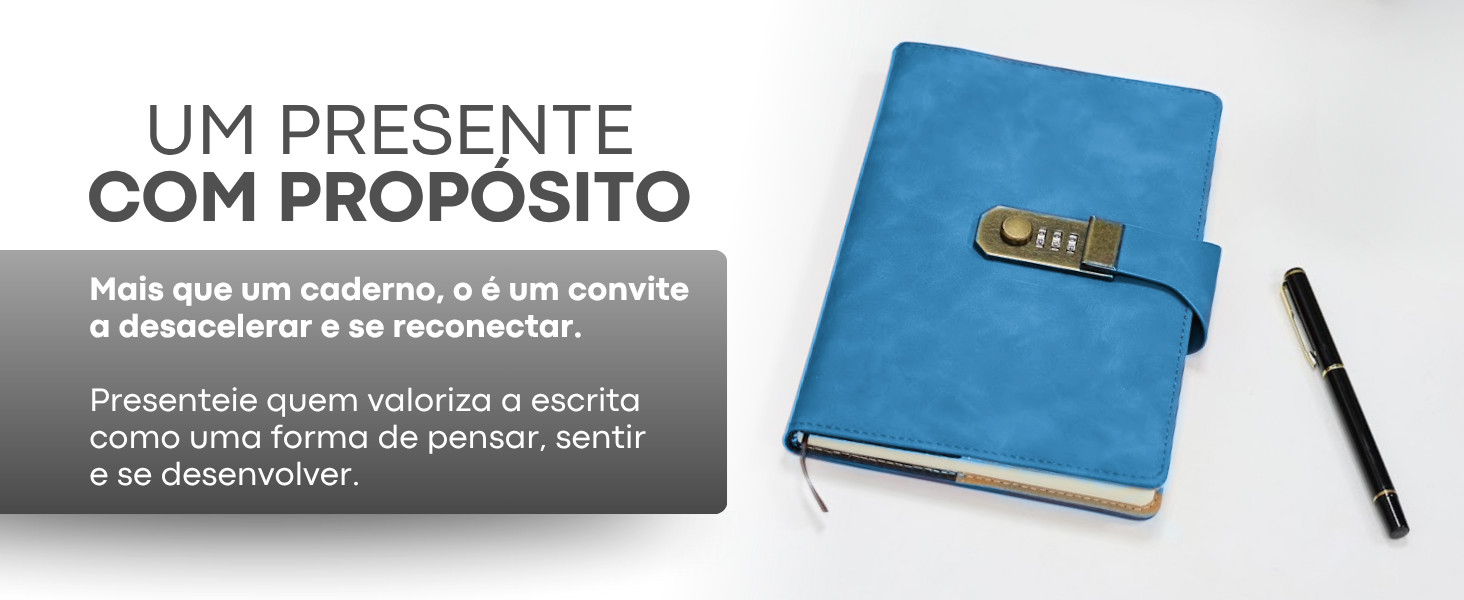 Banner horizontal do Caderno Medellín Lumai azul com caneta ao lado e texto: Um Presente com Propósito — mais que um caderno, é um convite a desacelerar, se reconectar e valorizar a escrita.