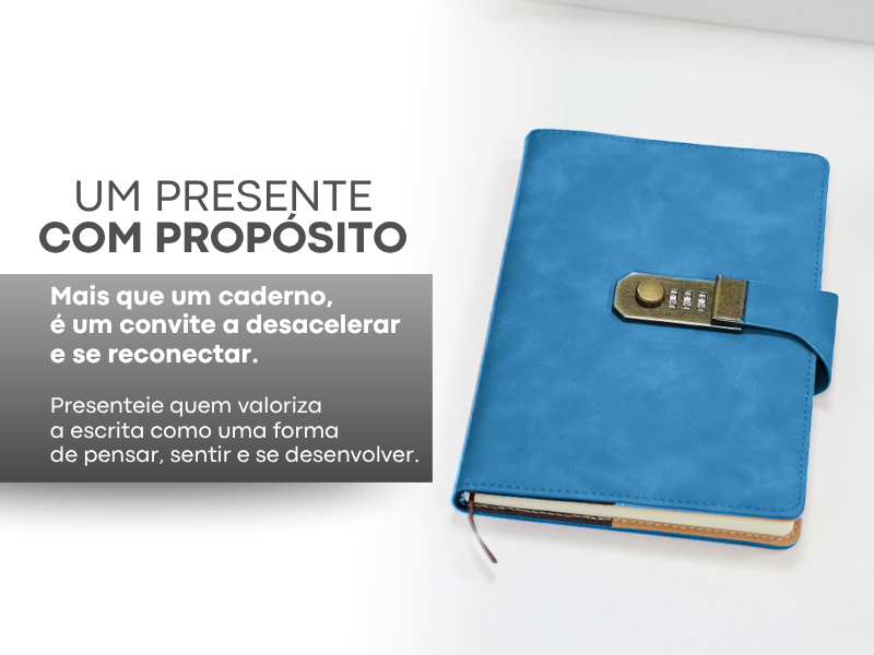 Caderno Medellín Lumai azul com cadeado combinação e texto: Um Presente com Propósito — mais que um caderno, é um convite a desacelerar, se reconectar e valorizar a escrita como forma de pensar.