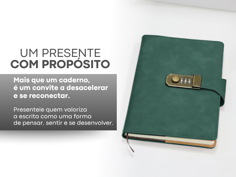 Caderno Medellín Lumai verde com cadeado combinação e texto: Um Presente com Propósito — mais que um caderno, é um convite a desacelerar, se reconectar e valorizar a escrita como forma de pensar.