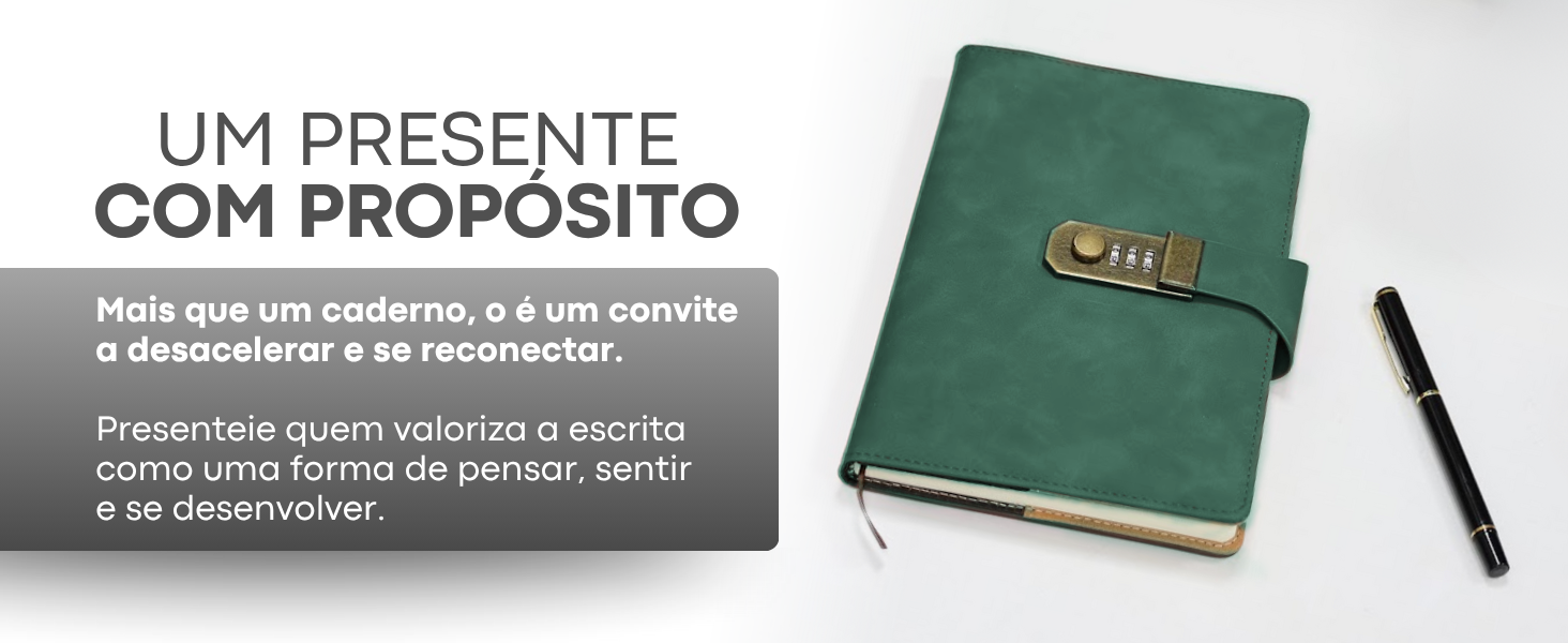 Banner horizontal do Caderno Medellín Lumai verde com caneta ao lado e texto: Um Presente com Propósito — mais que um caderno, é um convite a desacelerar e valorizar a escrita.