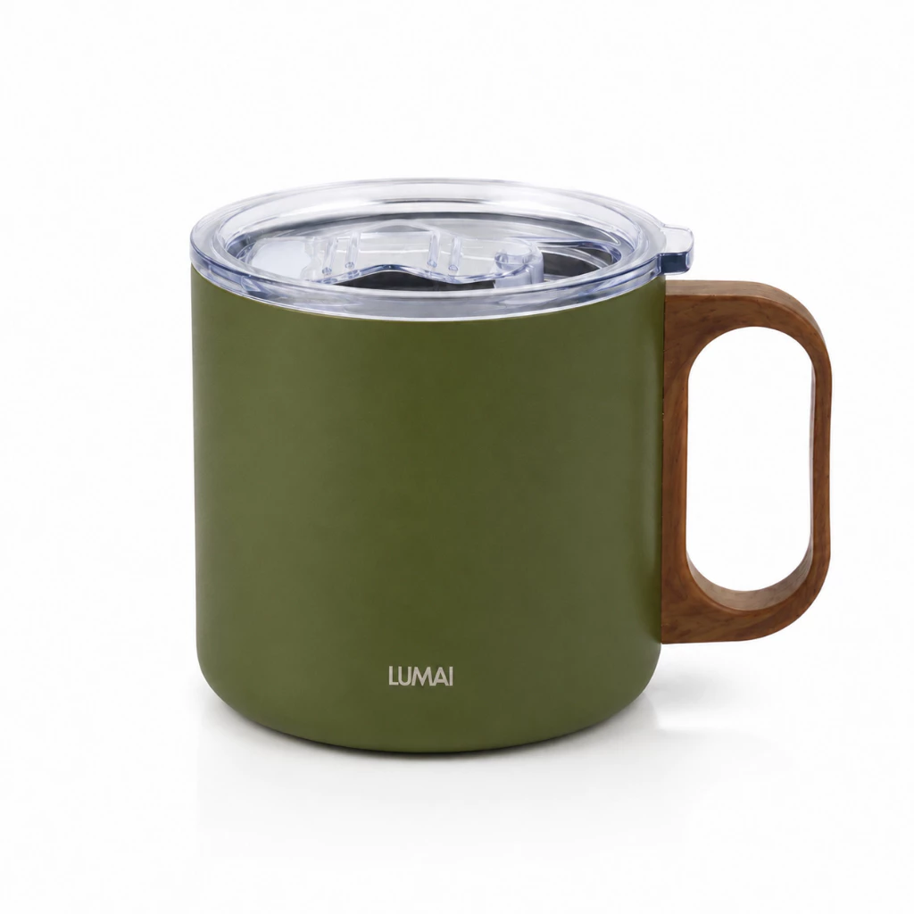 Caneca térmica 350ml em aço inox 304 verde com alça e tampa LUMAI