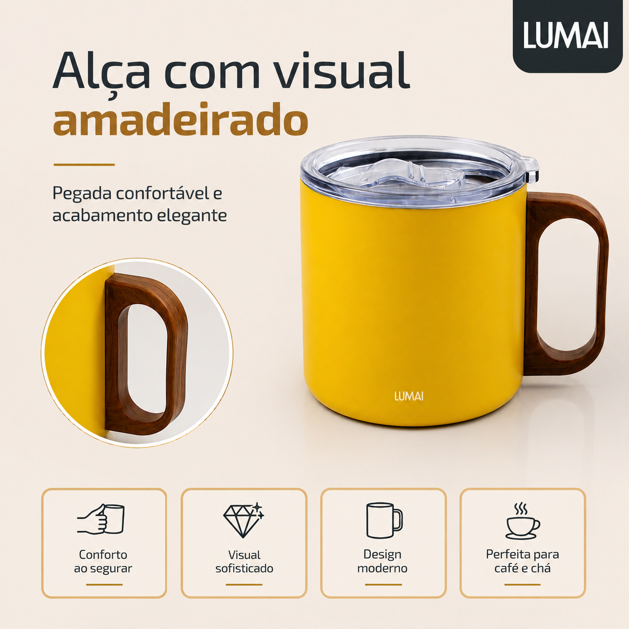 caneca térmica com alça de madeira e tampa