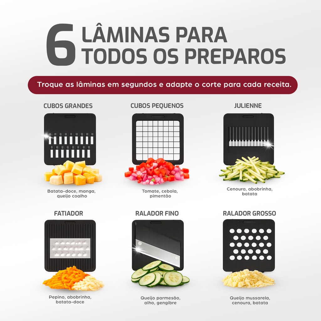As 6 lâminas do Tóquio: cubos grandes, cubos pequenos, julienne, fatiador, ralador fino e grosso