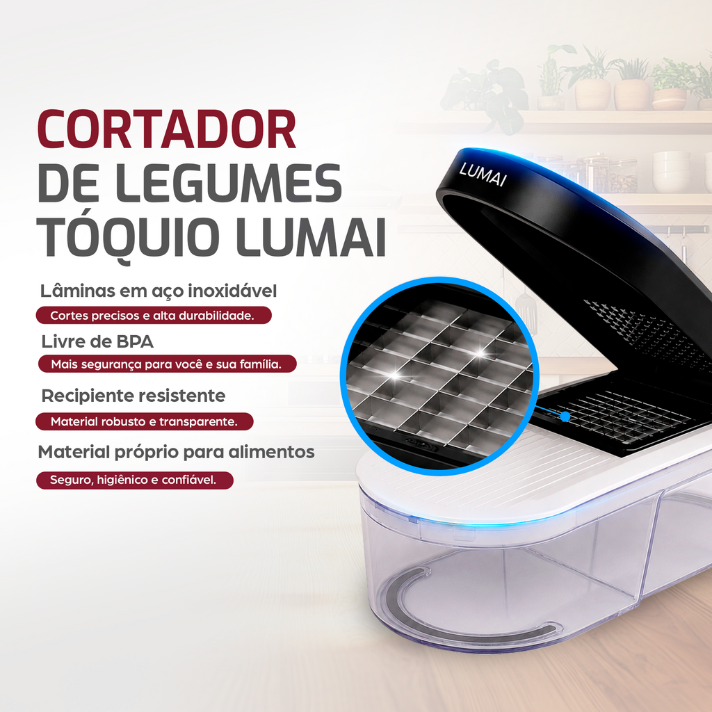 Cortador de legumes Tóquio LUMAI: lâminas de aço inox, livre de BPA e recipiente resistente
