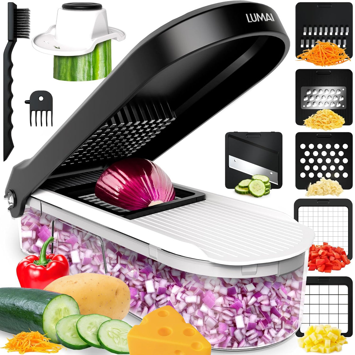 Cortador Tóquio LUMAI com as lâminas e legumes picados, fundo branco