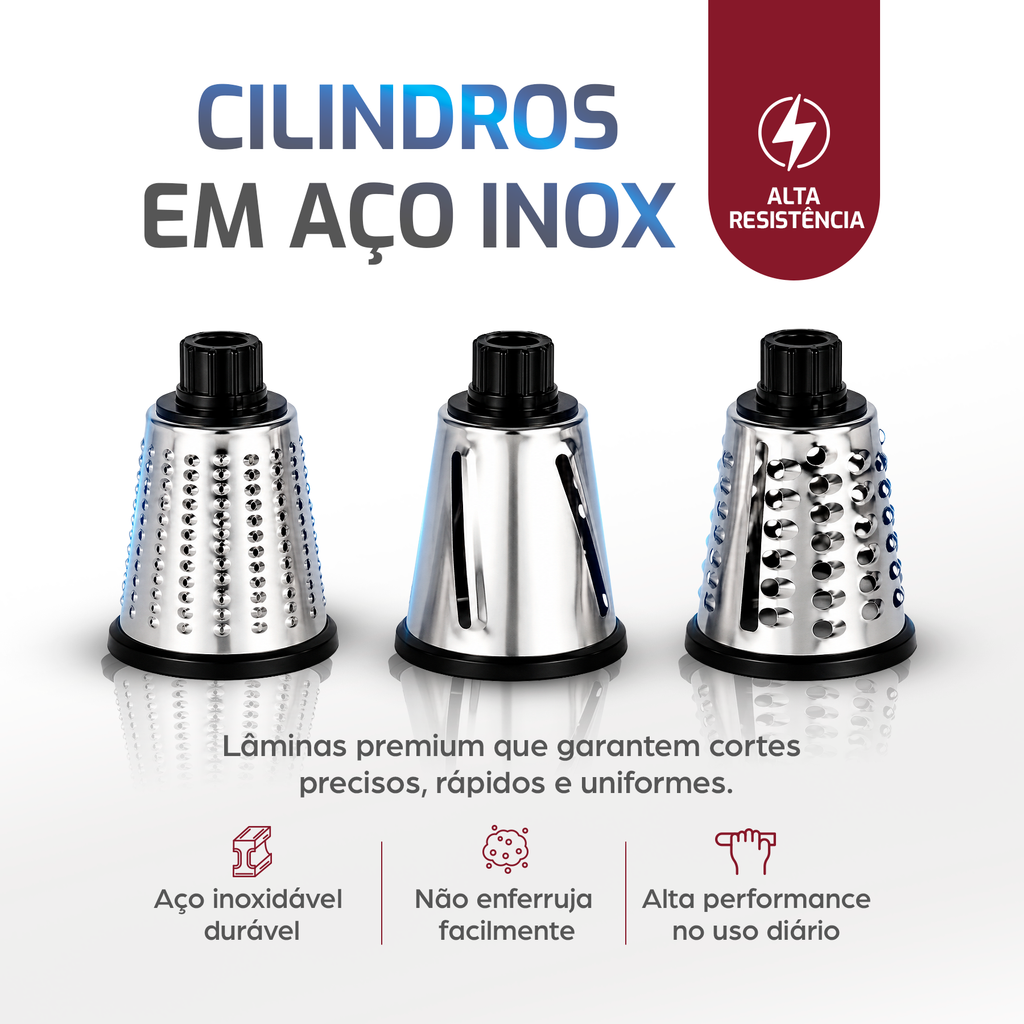 Os 3 cilindros de aço inox do ralador Osaka
