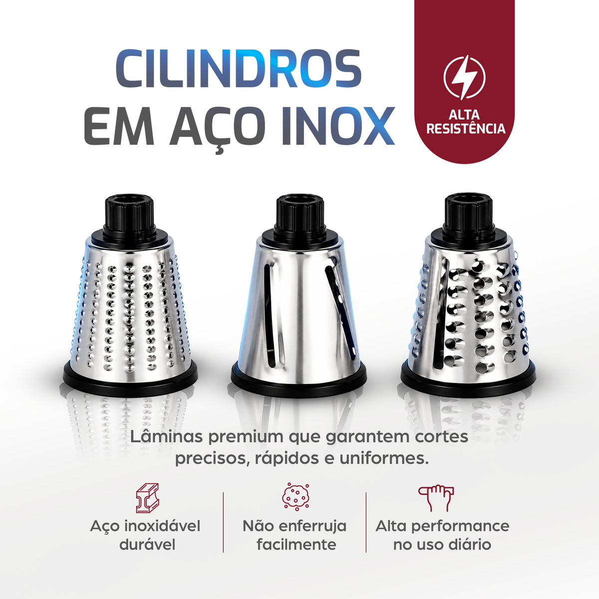 Os 3 cilindros de aço inox do ralador Osaka