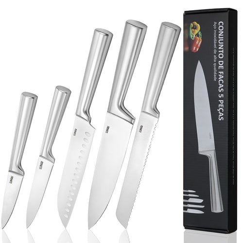 Conjunto de facas Zurique LUMAI: as 5 facas de aço inox ao lado da caixa, em fundo branco
