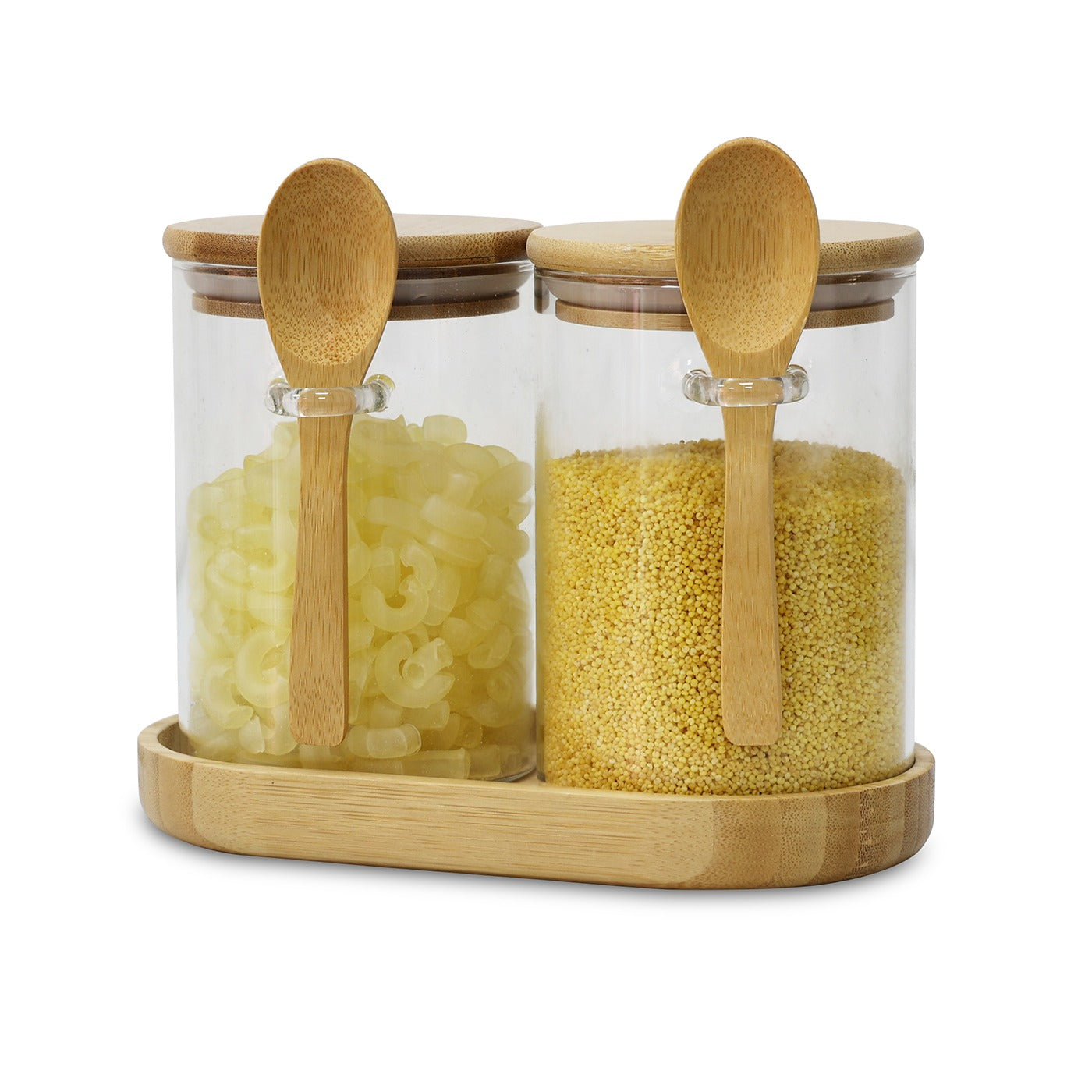 Kit 2 Potes de Vidro 550ml com Tampa de Bambu e Colher + Bandeja de Bambu Campos do Jordão