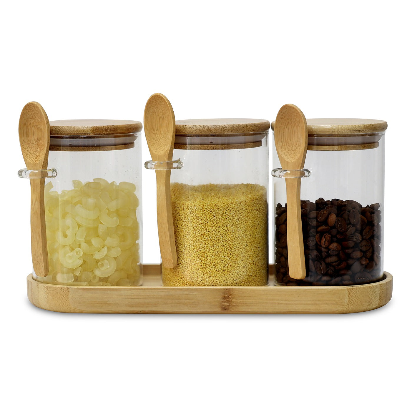 Kit 3 Potes de Vidro 550ml com Tampa de Bambu e Colher + Bandeja de Bambu Campos do Jordão