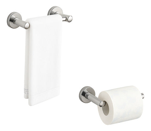 Kit Suporte Toalha De Rosto E Porta Papel Higiênico Inox Prateado