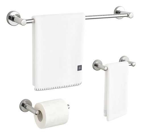 Kit Toalheiro Inox, Porta Papel Higiênico E Toalha De Rosto Prateado