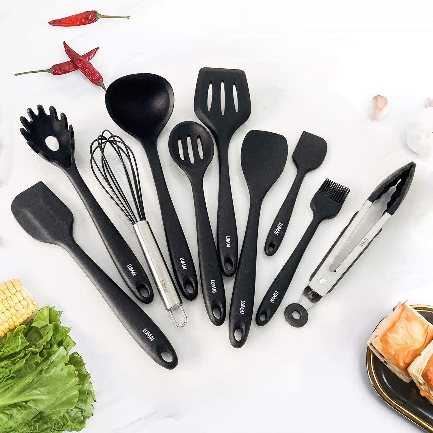 Kit 10 Utensilios de Silicone Miami Preto