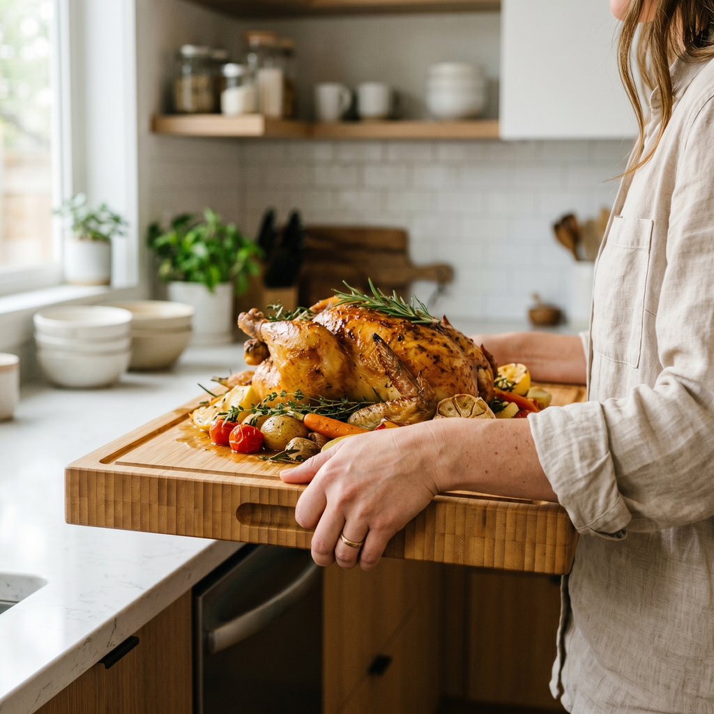 Mulher segurando tábua grossa de bambu com frango assado e legumes em cozinha moderna