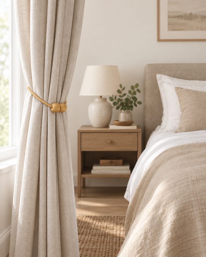 Quarto com cortina de linho presa por prendedor magnético dourado