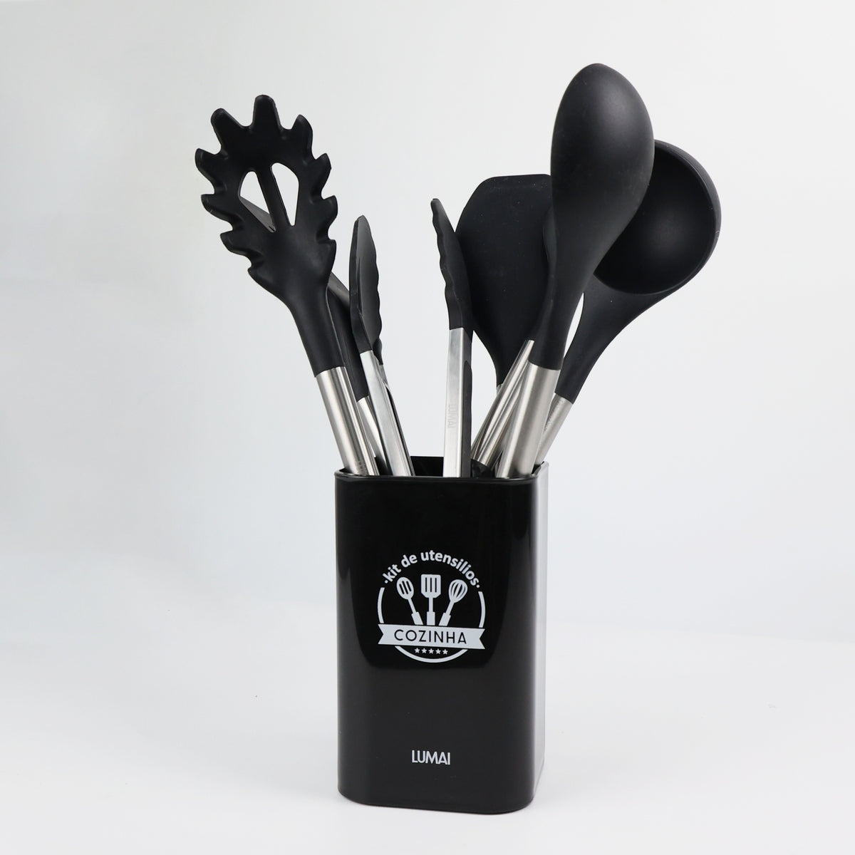 Kit Berlim preto: 7 utensílios de silicone e inox no balde organizador