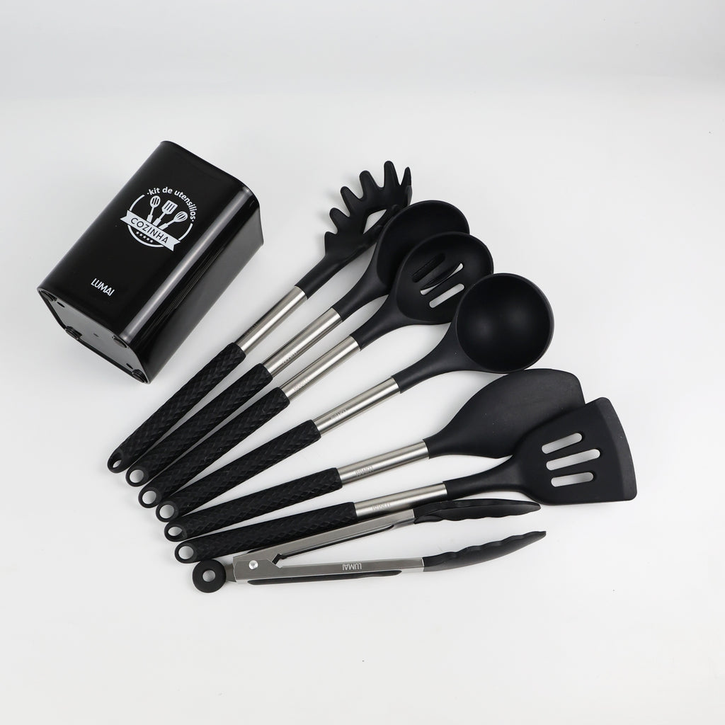 Os 7 utensílios e o balde do kit Berlim preto