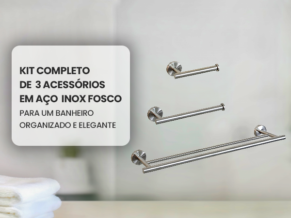 Banner mobile do Kit Completo de 3 Acessórios de Banheiro LUMAI em aço inox fosco escovado, para um banheiro organizado e elegante.