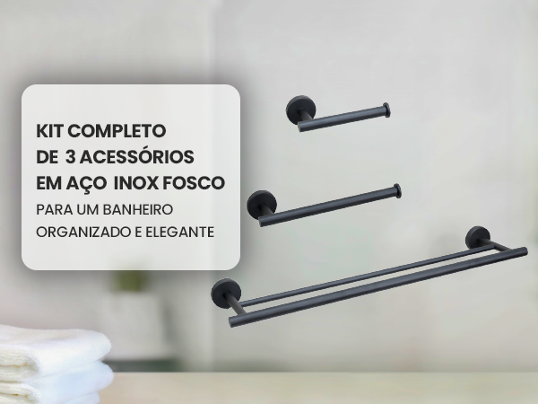 Banner mobile do Kit Completo de 3 Acessórios de Banheiro LUMAI em aço inox fosco, para um banheiro organizado e elegante.