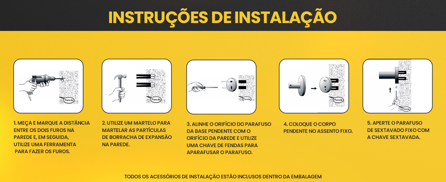 Banner horizontal com instruções de instalação do Kit de Acessórios de Banheiro LUMAI com 5 passos ilustrados para fixação na parede, com fundo amarelo e preto.