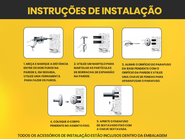 Banner mobile com instruções de instalação do Kit de Acessórios de Banheiro LUMAI, mostrando 5 passos ilustrados para fixação na parede, com fundo amarelo.