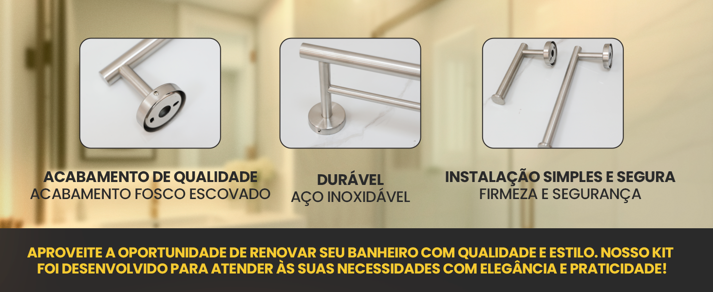 Banner horizontal do Kit de Acessórios de Banheiro LUMAI em aço inoxidável escovado, destacando acabamento de qualidade, durabilidade e instalação simples e segura.