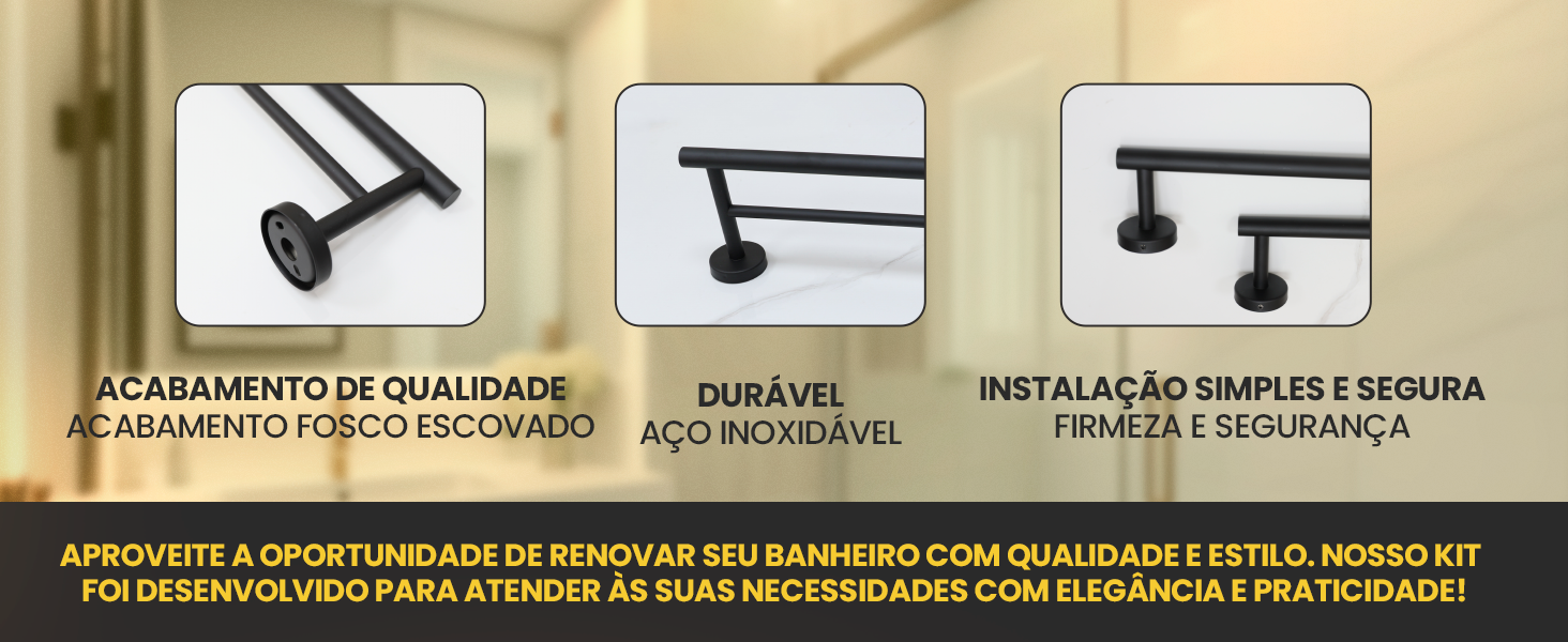 Banner horizontal do Kit de Acessórios de Banheiro LUMAI destacando acabamento fosco escovado, aço inoxidável durável e instalação simples e segura.