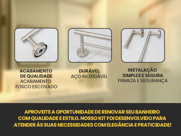 Banner mobile do Kit de Acessórios de Banheiro LUMAI em aço inoxidável escovado, destacando acabamento de qualidade, durabilidade e instalação simples e segura.