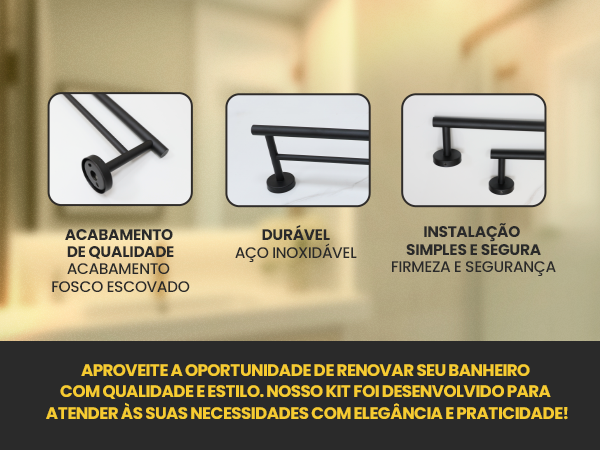 Banner mobile do Kit de Acessórios de Banheiro LUMAI destacando acabamento fosco escovado, aço inoxidável durável e instalação simples e segura.