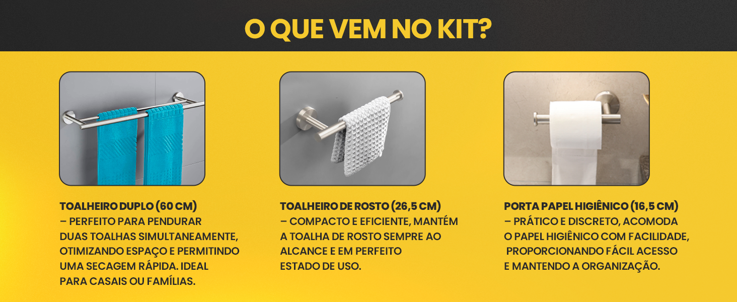 Banner horizontal do Kit de Acessórios de Banheiro LUMAI mostrando conteúdo: toalheiro duplo 80cm, toalheiro de rosto 26,5cm e porta papel higiênico 15,5cm, fundo amarelo e preto.