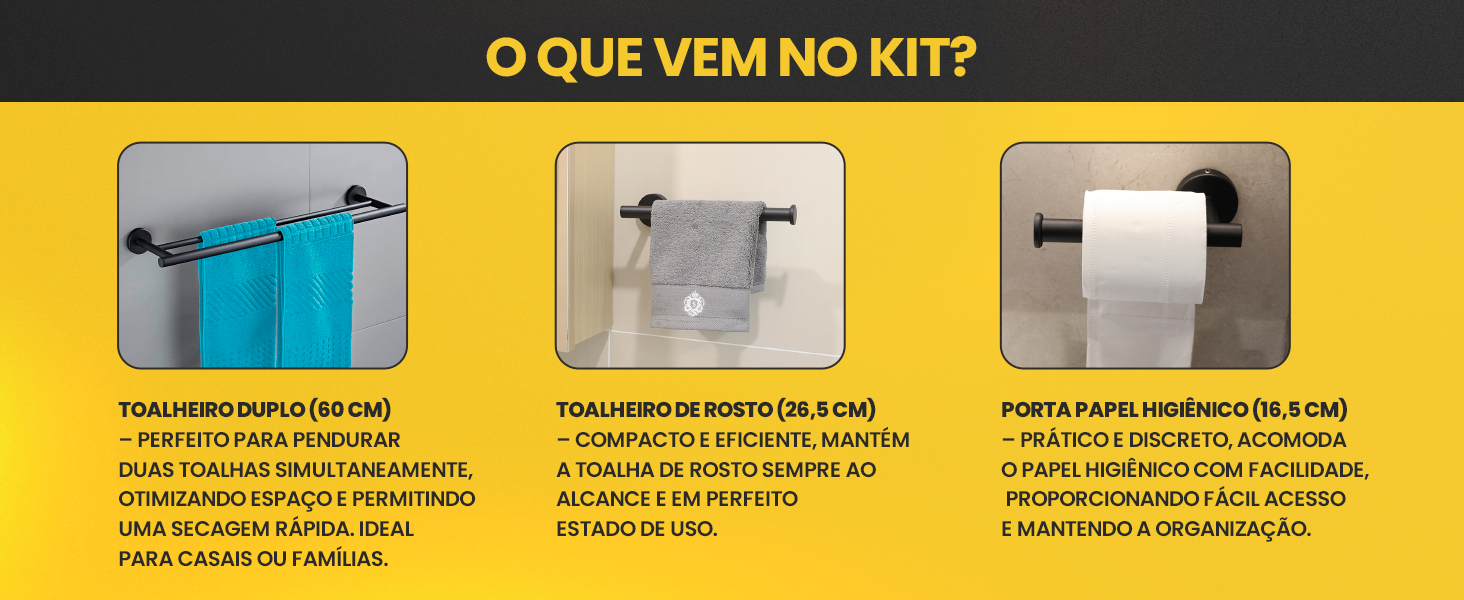 Banner horizontal do Kit de Acessórios de Banheiro LUMAI mostrando o conteúdo do kit: toalheiro duplo 80cm, toalheiro de rosto 26,5cm e porta papel higiênico 15,5cm, com fundo amarelo e preto.