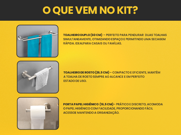 Banner mobile do Kit de Acessórios de Banheiro LUMAI mostrando conteúdo do kit: toalheiro duplo 60cm, toalheiro de rosto 26,5cm e porta papel higiênico 16,5cm, fundo amarelo.