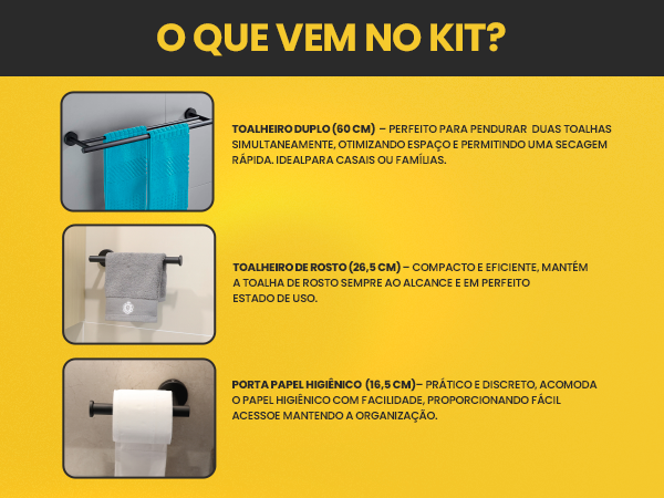 Banner mobile do Kit de Acessórios de Banheiro LUMAI mostrando o conteúdo do kit: toalheiro duplo 60cm, toalheiro de rosto 26,5cm e porta papel higiênico 16,5cm, com fundo amarelo.