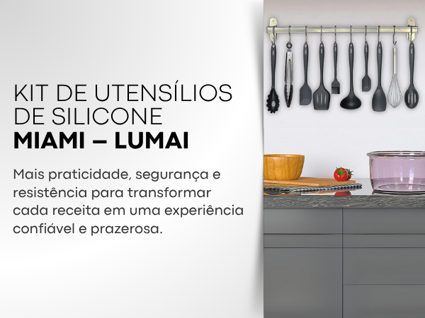 Banner mobile do Kit de Utensílios de Silicone Miami Lumai — utensílios pendurados em suporte de parede, tigela roxa e bancada, com texto: mais praticidade, segurança e resistência para cada receita.