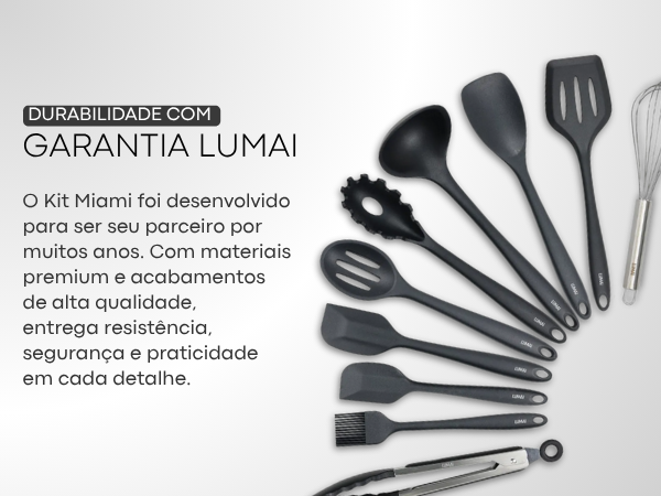 Banner mobile do Kit Miami Lumai com utensílios de silicone pretos e texto: Durabilidade com Garantia Lumai — materiais premium e acabamentos de alta qualidade, resistência, segurança e praticidade.