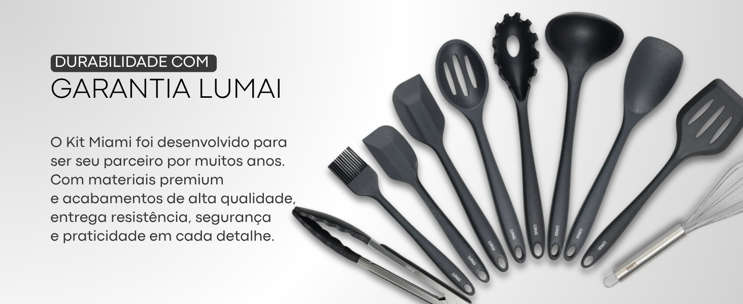 Banner horizontal do Kit Miami Lumai com utensílios de silicone pretos em leque e texto: Durabilidade com Garantia Lumai — materiais premium, alta qualidade, resistência e praticidade em cada detalhe.