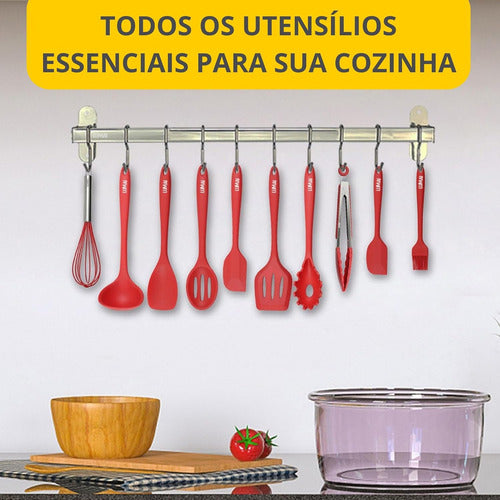 Banner do kit de utensílios de silicone vermelho Lumai pendurados em suporte de parede na cozinha, com texto: Todos os Utensílios Essenciais para sua Cozinha.