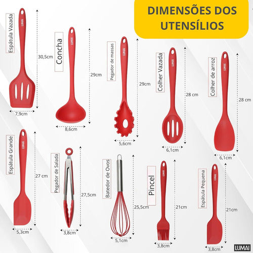 Imagem técnica do kit de utensílios de silicone vermelho Lumai com 10 peças e suas dimensões: espátula, concha, colher, pegador, batedor e pincel com medidas detalhadas.