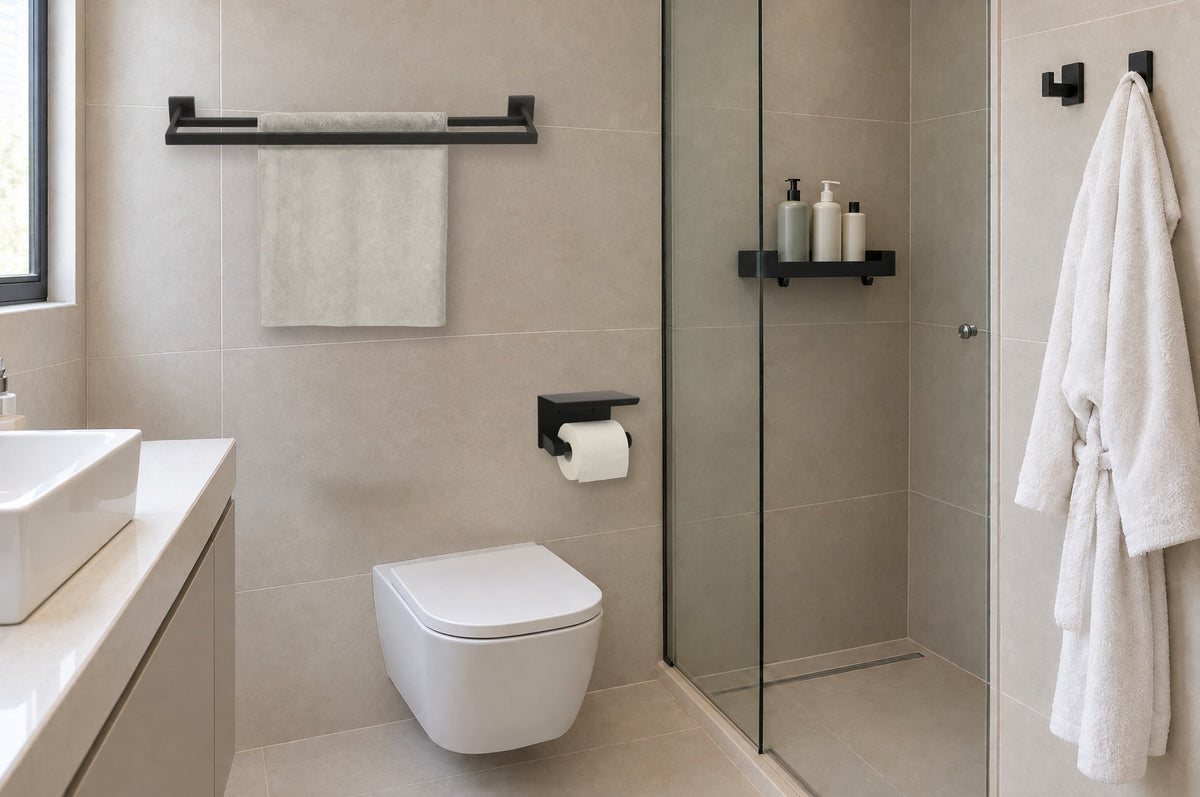 Banheiro com toalheiro duplo Salerno, porta-papel Taormina, porta-shampoo Marselha e ganchos Chicago, todos pretos