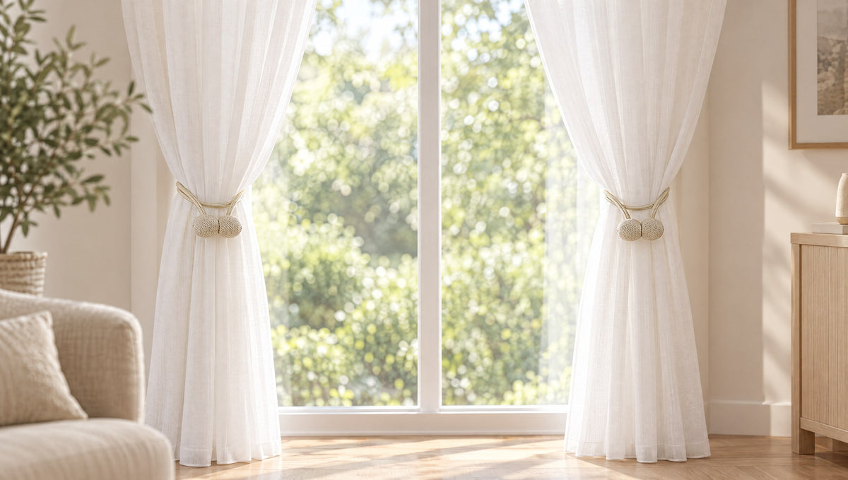 Janela com duas cortinas brancas presas com o prendedor Florença bege (ambiente ilustrativo)