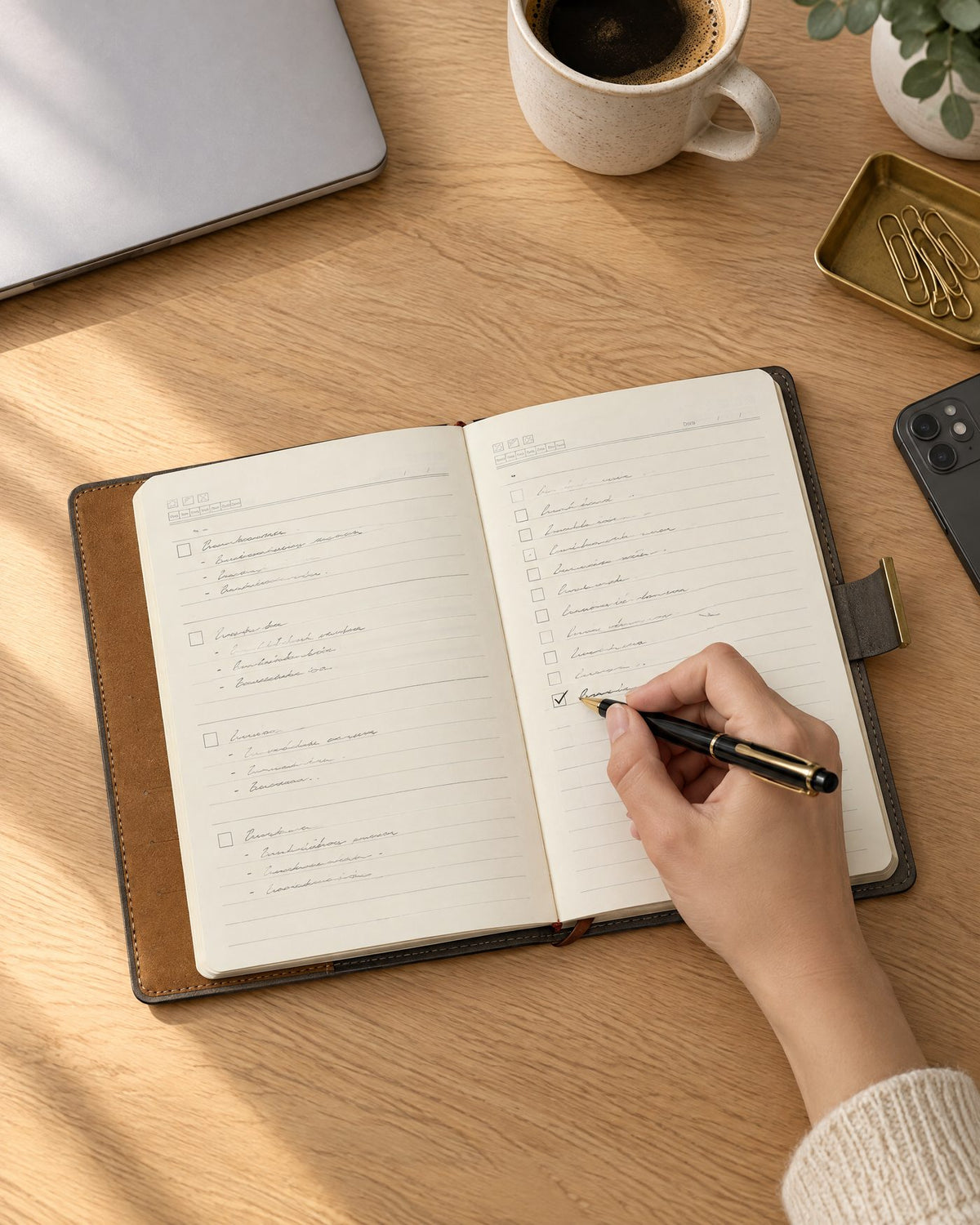 Caderno LUMAI Cartagena chumbo aberto com uma lista de tarefas, ao lado de um notebook