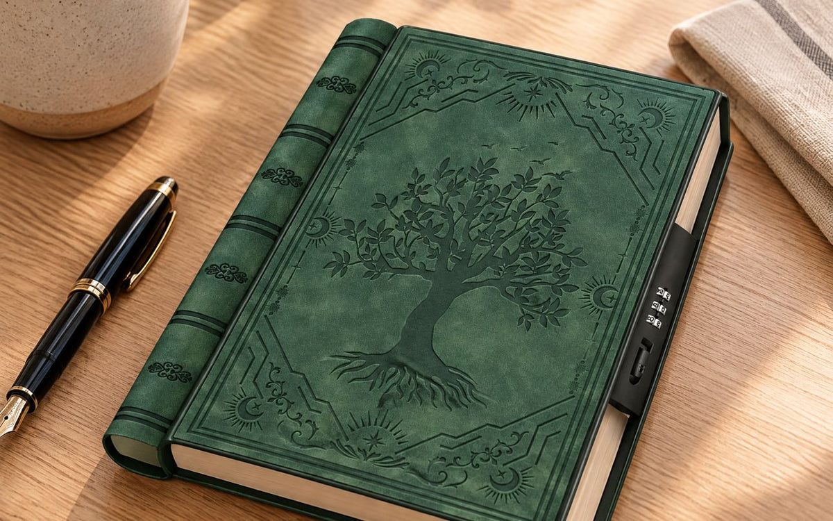 Caderno LUMAI Árvore da Vida, da linha Caminhos da Mente, sobre uma mesa de madeira com caneta e chá
