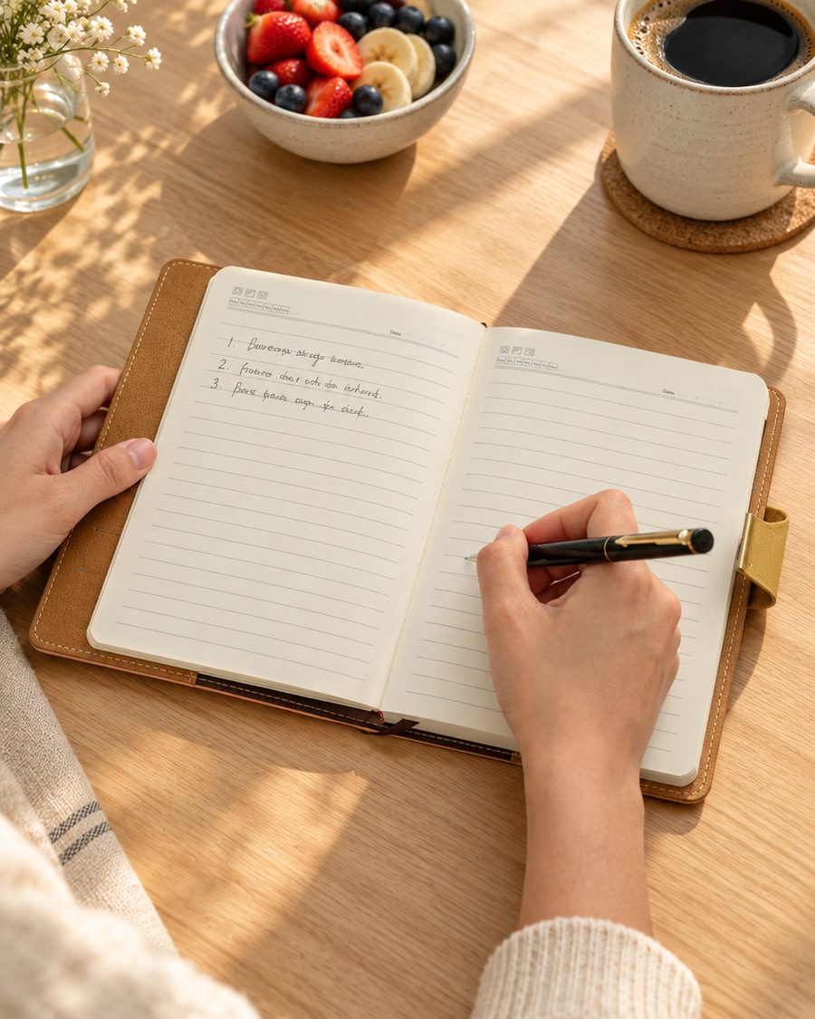 Caderno LUMAI Cartagena amarelo aberto com uma lista curta na mesa do café da manhã