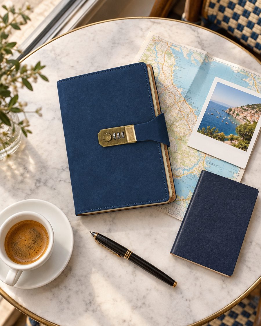 Caderno LUMAI Cartagena azul fechado numa mesa de café com mapa e foto