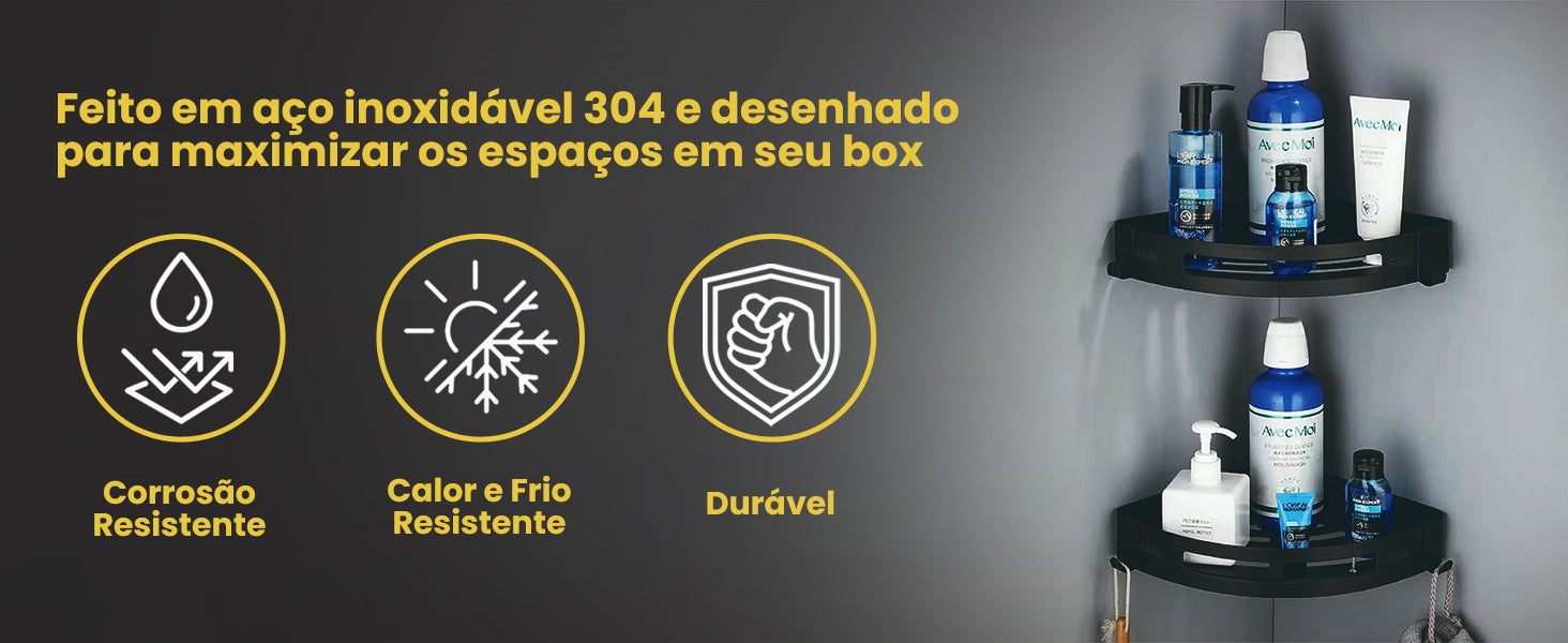 Banner horizontal do Organizador de Canto LUMAI em aço inoxidável 304, resistente à corrosão, calor e frio, durável. Exibido instalado em box de banheiro.